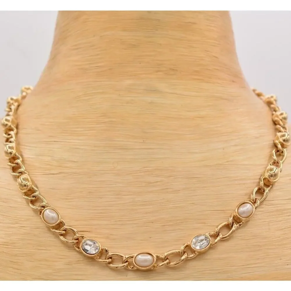 Vintage Collar Necklace Gold Rhinestone Crystal Faux Pearl Chain Heavy Y2K 9J